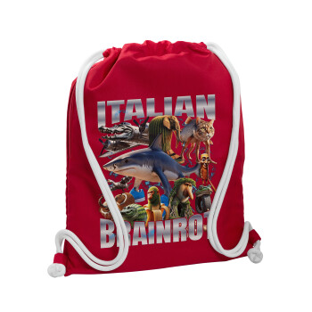 Italian Brainrot, Backpack pouch GYMBAG Red, with pocket (40x48cm) & thick cords
