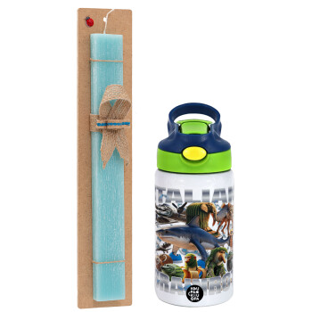 Italian Brainrot, Easter Set, Children's thermal stainless steel bottle with safety straw, green/blue (350ml) & aromatic flat Easter candle (30cm) (TURQUOISE)