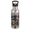 Water bottle Silver with straw, stainless steel 600ml