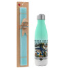 Easter Set, Metallic green/white thermos (Stainless steel), double-walled, 500ml & scented flat Easter candle (30cm) (TURQUOISE)