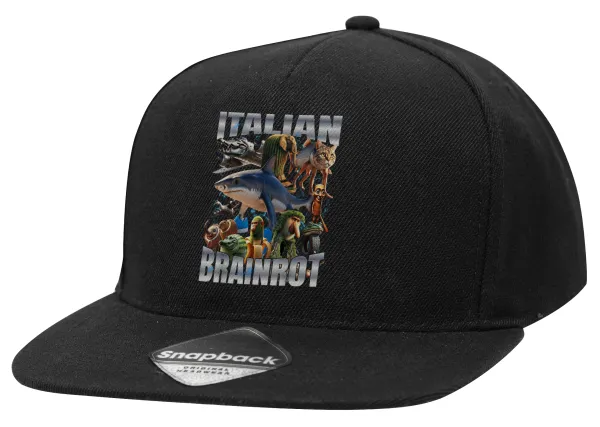 Italian Brainrot — Adult Flat Snapback Hat Black, (100% COTTON TWILL, ADULT, UNISEX, ONE SIZE)
