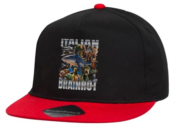 Italian Brainrot — Flat Snapback Hat, Black/Red (100% COTTON, UNISEX, ONE SIZE)