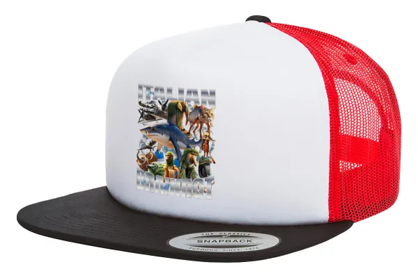Italian Brainrot — Adult Foam Flat Snapback with Mesh Black-White-Red (POLYESTER, ADULT, UNISEX, ONE SIZE)