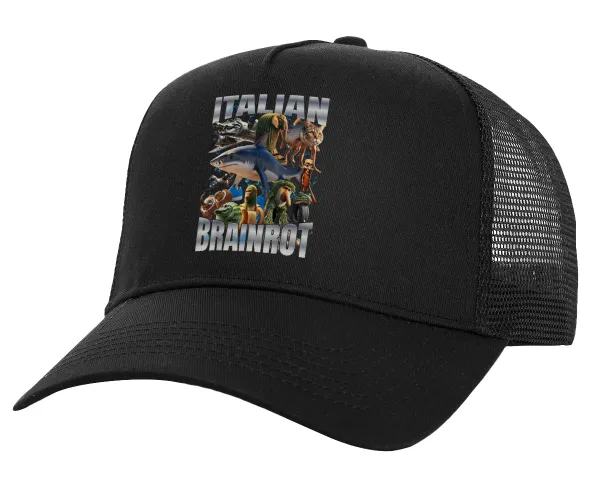 Italian Brainrot — Structured Trucker Adult Hat, with Mesh, Black (100% COTTON, ADULT, UNISEX, ONE SIZE)