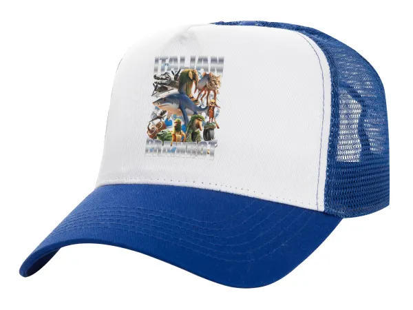 Italian Brainrot — Adult Structured Trucker Hat, with Mesh, WHITE/BLUE (100% COTTON, ADULT, UNISEX, ONE SIZE)
