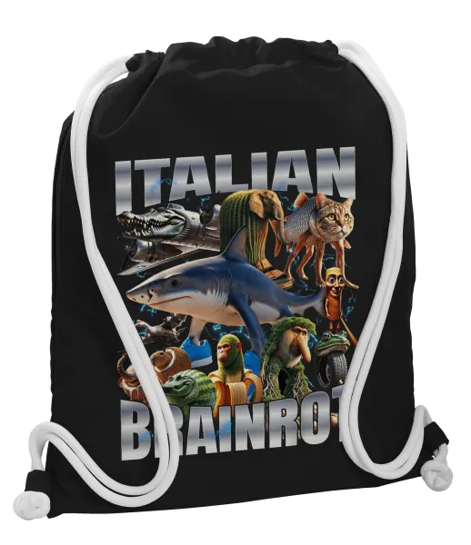 Italian Brainrot — Backpack pouch GYMBAG Black, with pocket (40x48cm) & thick white cords