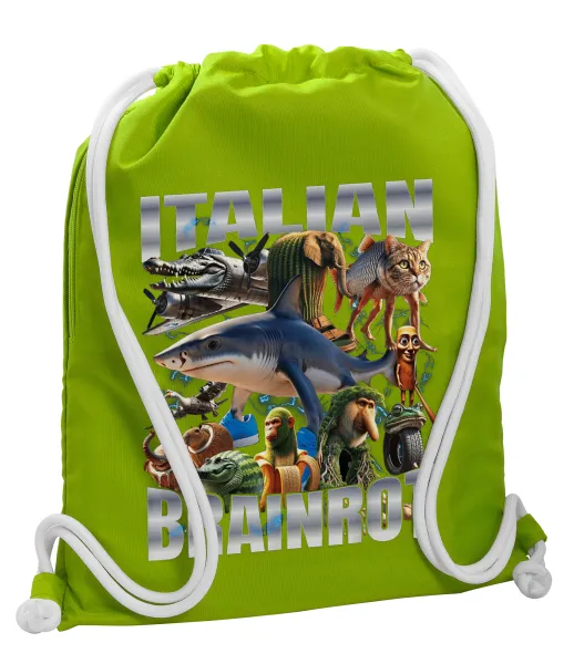 Italian Brainrot — Backpack bag GYMBAG LIME GREEN, with pocket (40x48cm) & thick cords