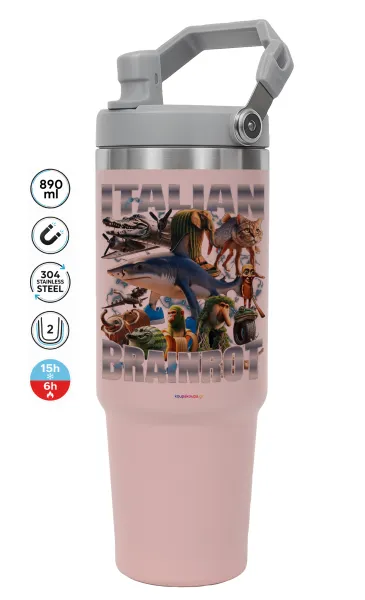 Italian Brainrot — ΡΟΖ Travel Tumbler Θερμός με χερούλι και καλαμάκι 890ml