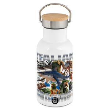 Italian Brainrot, Μεταλλικό παγούρι θερμός (Stainless steel) Λευκό με ξύλινο καπακι (bamboo), διπλού τοιχώματος, 350ml