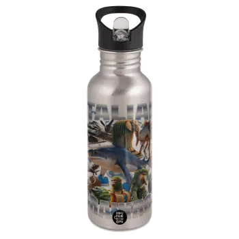 Italian Brainrot, Water bottle Silver with straw, stainless steel 600ml