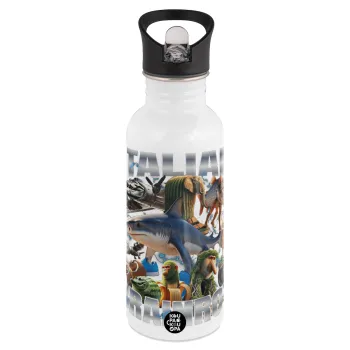 Italian Brainrot, White water bottle with straw, stainless steel 600ml