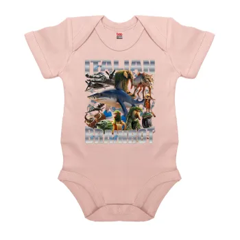 Italian Brainrot, Βρεφικό φορμάκι μωρού, 0-18 μηνών, ΡΟΖ POWDER, 100% Organic Cotton, κοντομάνικο