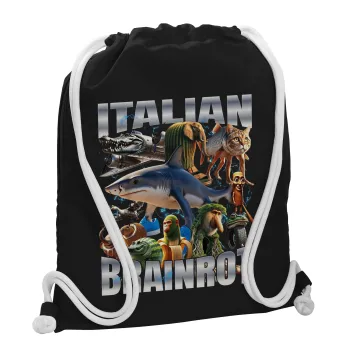 Italian Brainrot, Τσάντα πλάτης πουγκί GYMBAG Μαύρη, με τσέπη (40x48cm) & χονδρά λευκά κορδόνια