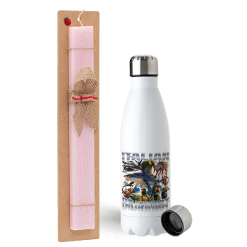 Italian Brainrot, Easter Set, metallic stainless steel water bottle (750ml) & scented flat Easter candle (30cm) (PINK)