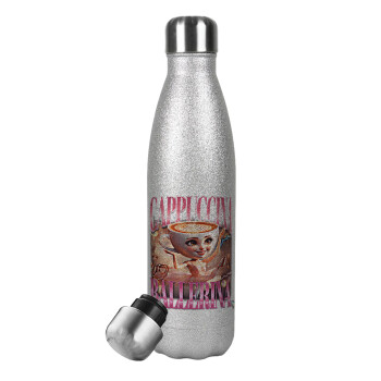 BALLERINA CAPUCHINA FUNK, Μεταλλικό παγούρι θερμός Glitter Aσημένιο (Stainless steel), διπλού τοιχώματος, 500ml