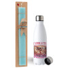 Easter Set, metallic stainless steel water bottle (750ml) & aromatic flat Easter candle (30cm) (TURQUOISE)