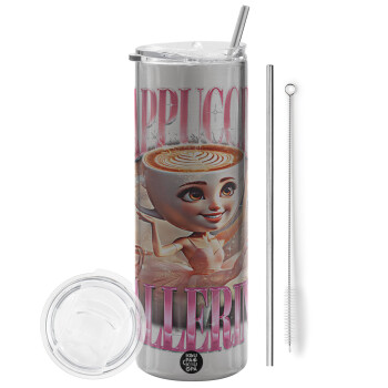 BALLERINA CAPUCHINA FUNK, Tumbler ποτήρι θερμό Ασημένιο από ανοξείδωτο ατσάλι 600ml, με μεταλλικό καλαμάκι & βούρτσα καθαρισμού