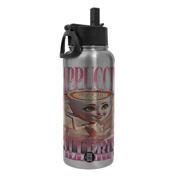 BALLERINA CAPUCHINA FUNK, Metal mug thermo Silver with Straw and Spout Lid (Stainless steel), double wall, 950ml