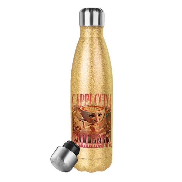 BALLERINA CAPUCHINA FUNK — Glitter gold stainless steel thermos bottle, double-walled, 500ml