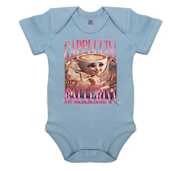 BALLERINA CAPUCHINA FUNK — Short-sleeve baby bodysuit, 0-18 months, blue, 100% organic cotton