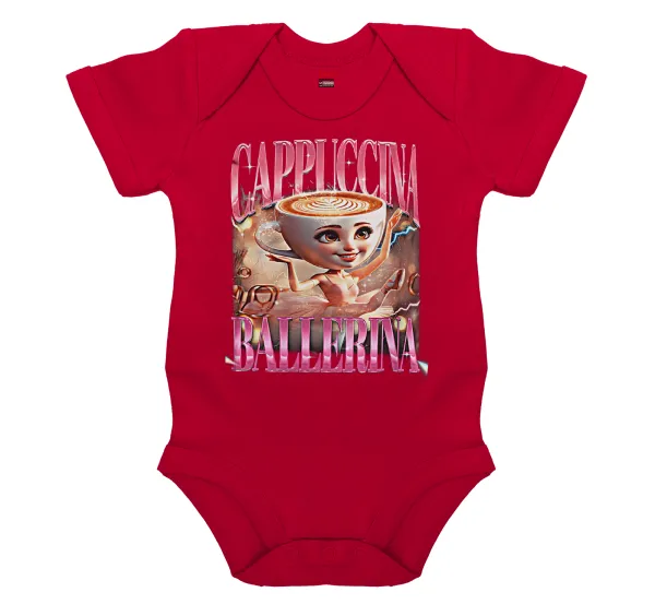 BALLERINA CAPUCHINA FUNK — Short-sleeve baby bodysuit, RED, 100% organic cotton