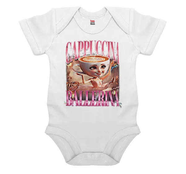 BALLERINA CAPUCHINA FUNK — Short-sleeve baby bodysuit, 0-24 months, WHITE, 100% organic cotton