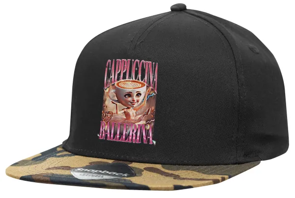 BALLERINA CAPUCHINA FUNK — Adult Flat Snapback Hat Black/Camouflage, (100% COTTON TWILL, ADULT, UNISEX, ONE SIZE)