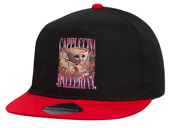 BALLERINA CAPUCHINA FUNK — Flat Snapback Hat, Black/Red (100% COTTON, UNISEX, ONE SIZE)