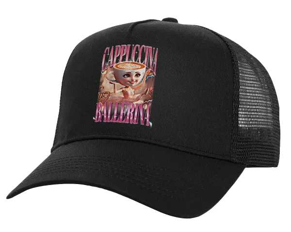 BALLERINA CAPUCHINA FUNK — Structured Trucker Adult Hat, with Mesh, Black (100% COTTON, ADULT, UNISEX, ONE SIZE)