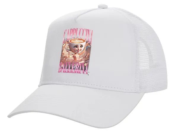 BALLERINA CAPUCHINA FUNK — Structured Trucker Adult Hat, with Mesh, WHITE (100% COTTON, ADULT, UNISEX, ONE SIZE)