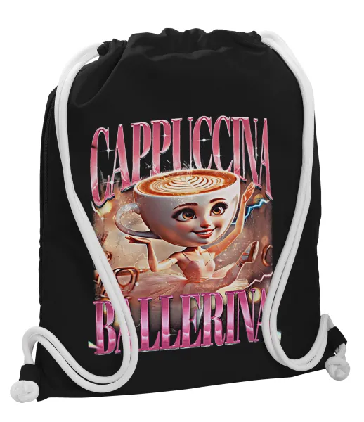 BALLERINA CAPUCHINA FUNK — Backpack pouch GYMBAG Black, with pocket (40x48cm) & thick white cords
