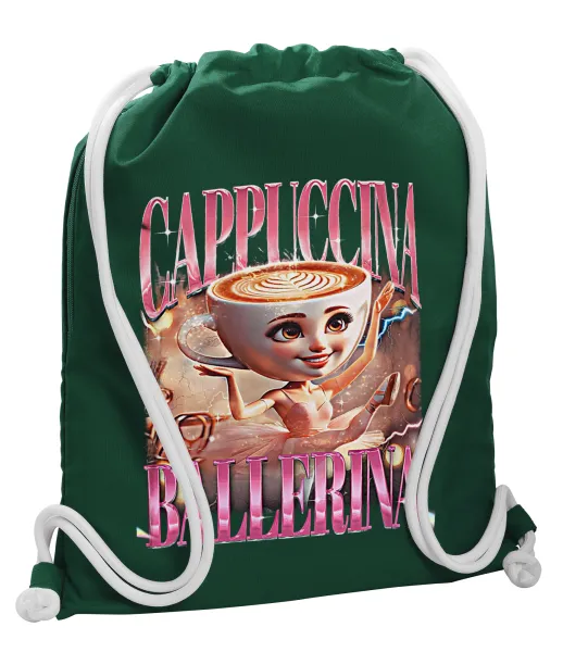 BALLERINA CAPUCHINA FUNK — Backpack pouch GYMBAG BOTTLE GREEN, with pocket (40x48cm) & thick white cords