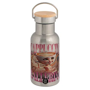 BALLERINA CAPUCHINA FUNK, Μεταλλικό παγούρι θερμός (Stainless steel) Ασημένιο με ξύλινο καπακι (bamboo), διπλού τοιχώματος, 350ml