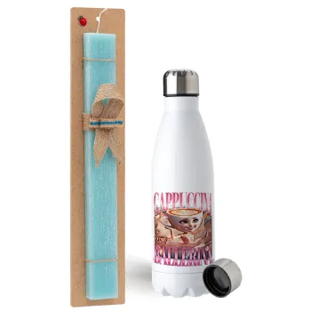 BALLERINA CAPUCHINA FUNK, Easter Set, metallic stainless steel water bottle (750ml) & aromatic flat Easter candle (30cm) (TURQUOISE)