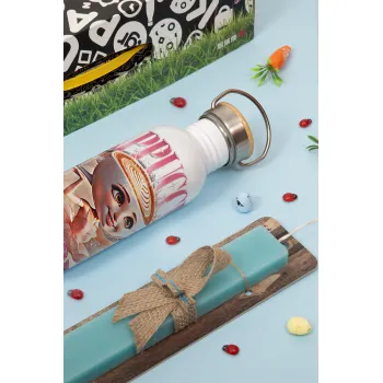 BALLERINA CAPUCHINA FUNK, Easter Set, metallic silver aluminum water bottle (500ml) & scented flat Easter candle (30cm) (TURQUOISE)