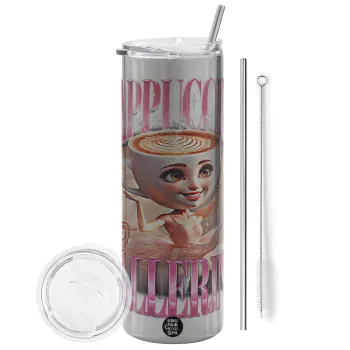 BALLERINA CAPUCHINA FUNK, Tumbler ποτήρι θερμό Ασημένιο από ανοξείδωτο ατσάλι 600ml, με μεταλλικό καλαμάκι & βούρτσα καθαρισμού