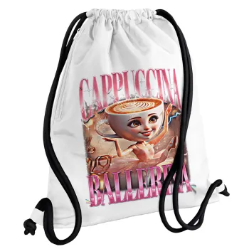 BALLERINA CAPUCHINA FUNK, Τσάντα πλάτης πουγκί GYMBAG λευκή, με τσέπη (40x48cm) & χονδρά κορδόνια