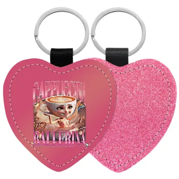 BALLERINA CAPUCHINA FUNK, Μπρελόκ PU δερμάτινο glitter καρδιά ΡΟΖ