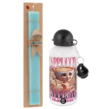 BALLERINA CAPUCHINA FUNK, Easter Set, metallic aluminum water bottle (500ml) & scented flat candle (30cm) (TURQUOISE)