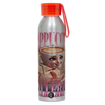 BALLERINA CAPUCHINA FUNK, Αλουμινένιο Αθλητικό Μπουκάλι 650ml – Ασημί με Κόκκινο Καπάκι και Λουράκι Σιλικόνης