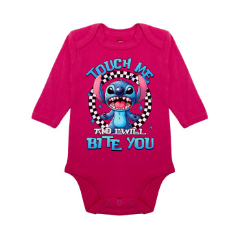 Stitch Touch Me And I Will Bite You, Μακρυμάνικο βρεφικό φορμάκι, 0-18 μηνών, ΡΟΖ, 100% Organic Cotton