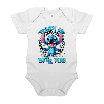 Stitch Touch Me And I Will Bite You, Βρεφικό φορμάκι μωρού, 0-24 μηνών, ΛΕΥΚΟ, 100% Organic Cotton, κοντομάνικο