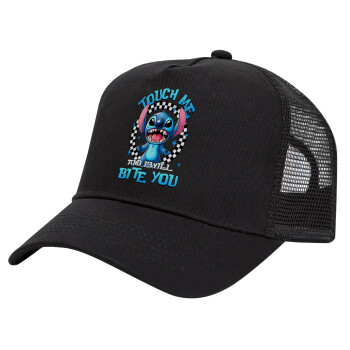Stitch Touch Me And I Will Bite You, Trucker Hat with Mesh, Black, (COTTON, KIDS, UNISEX, ONE SIZE)