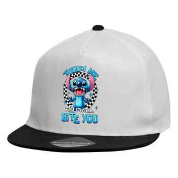 Stitch Touch Me And I Will Bite You, Καπέλο παιδικό Flat Snapback, Λευκό (100% ΒΑΜΒΑΚΕΡΟ, ΠΑΙΔΙΚΟ, UNISEX, ONE SIZE)