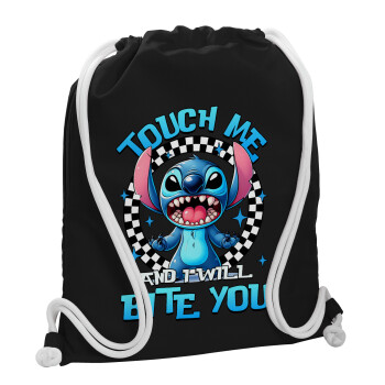 Stitch Touch Me And I Will Bite You, Τσάντα πλάτης πουγκί GYMBAG Μαύρη, με τσέπη (40x48cm) & χονδρά λευκά κορδόνια