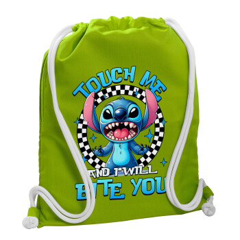 Stitch Touch Me And I Will Bite You, Τσάντα πλάτης πουγκί GYMBAG LIME GREEN, με τσέπη (40x48cm) & χονδρά κορδόνια