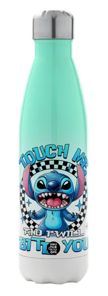 Stitch Touch Me And I Will Bite You — Μεταλλικό παγούρι θερμός Πράσινο/Λευκό (Stainless steel), διπλού τοιχώματος, 500ml