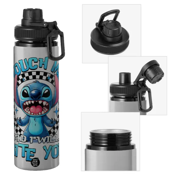 Stitch Touch Me And I Will Bite You — Μεταλλικό παγούρι νερού με καπάκι ασφαλείας, αλουμινίου 850ml