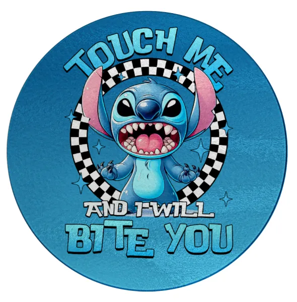 Stitch Touch Me And I Will Bite You — Επιφάνεια κοπής γυάλινη στρογγυλή (30cm)