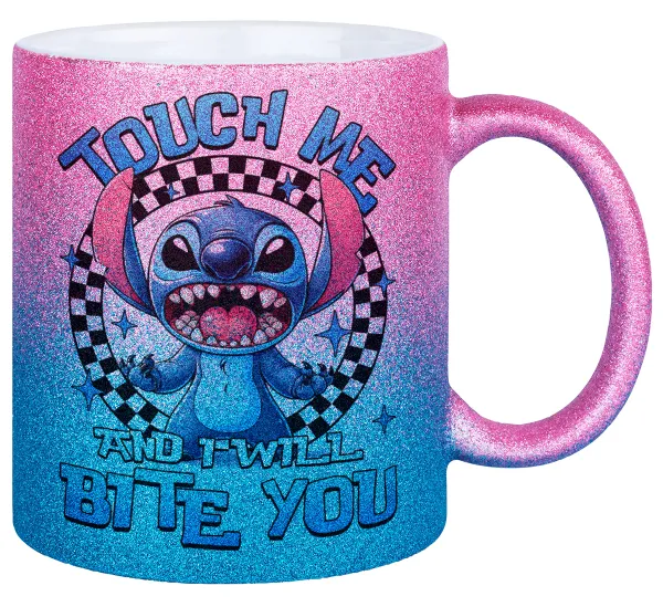 Stitch Touch Me And I Will Bite You — Κούπα Χρυσή/Μπλε Glitter, κεραμική, 330ml